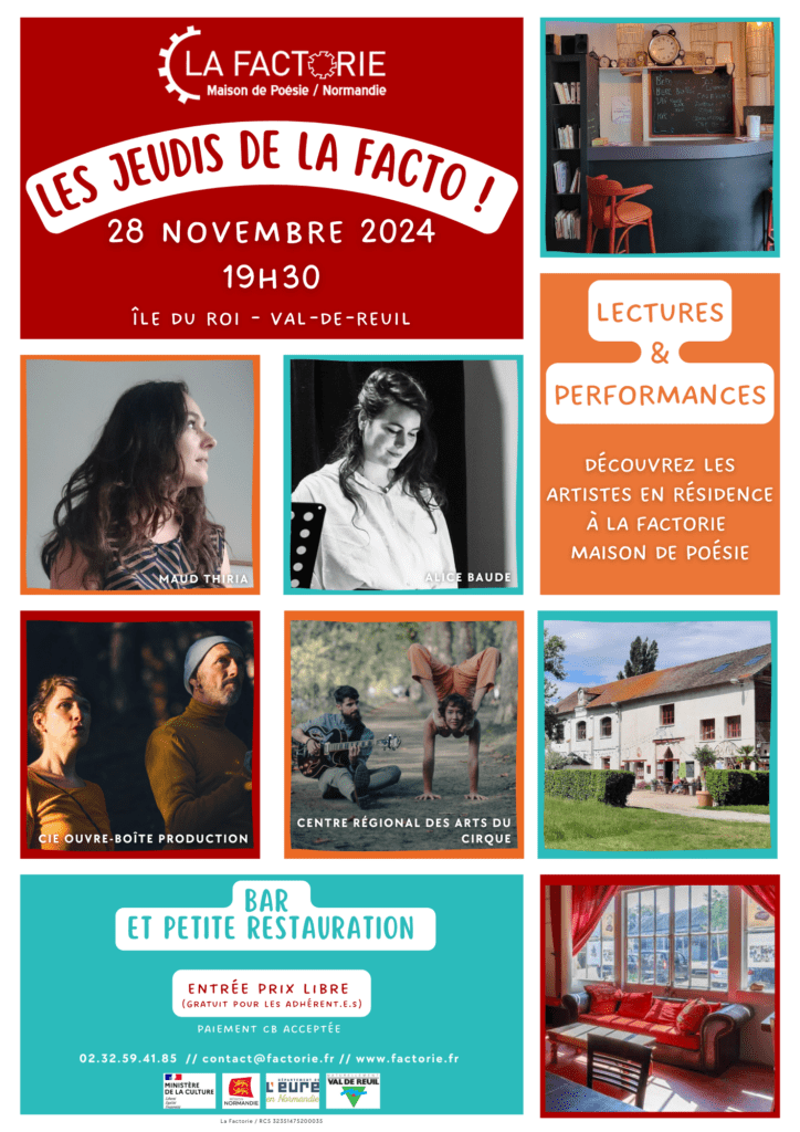 Découvrez de nouveaux univers avec des lectures, des performances ... Du cirque ? La poésie s'exprime sous toutes ses formes ! 28 novembre 2024 19h30 Île du Roi - 27100 VAL-DE-REUIL Entrée à prix libre